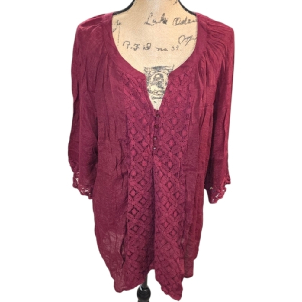 Counterparts Lace Trim Tunic‎ Top Bohemian Blouse 3/4 Sleeve Burgundy Flowy 2X
